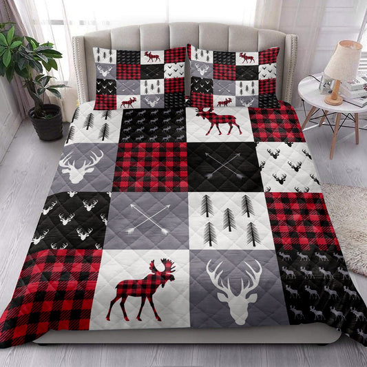 Deer Quilt Set, Buffalo Plaid Patchwork Elk Arrows Deer Head And Trees Chrismas Quilt Blanket
