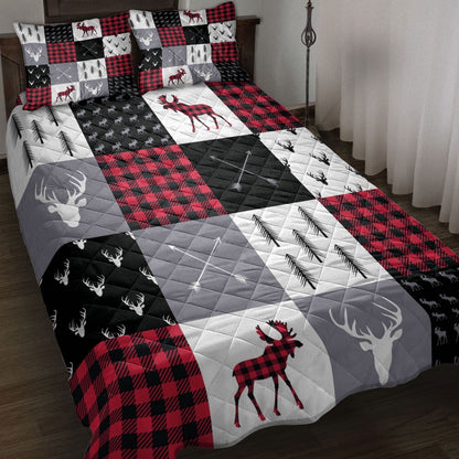 Deer Quilt Set, Buffalo Plaid Patchwork Elk Arrows Deer Head And Trees Chrismas Quilt Blanket