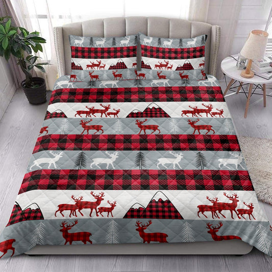 Deer Quilt Set, Christmas Deer Red Buffalo Plaid Winter Holiday Quilt Blanket