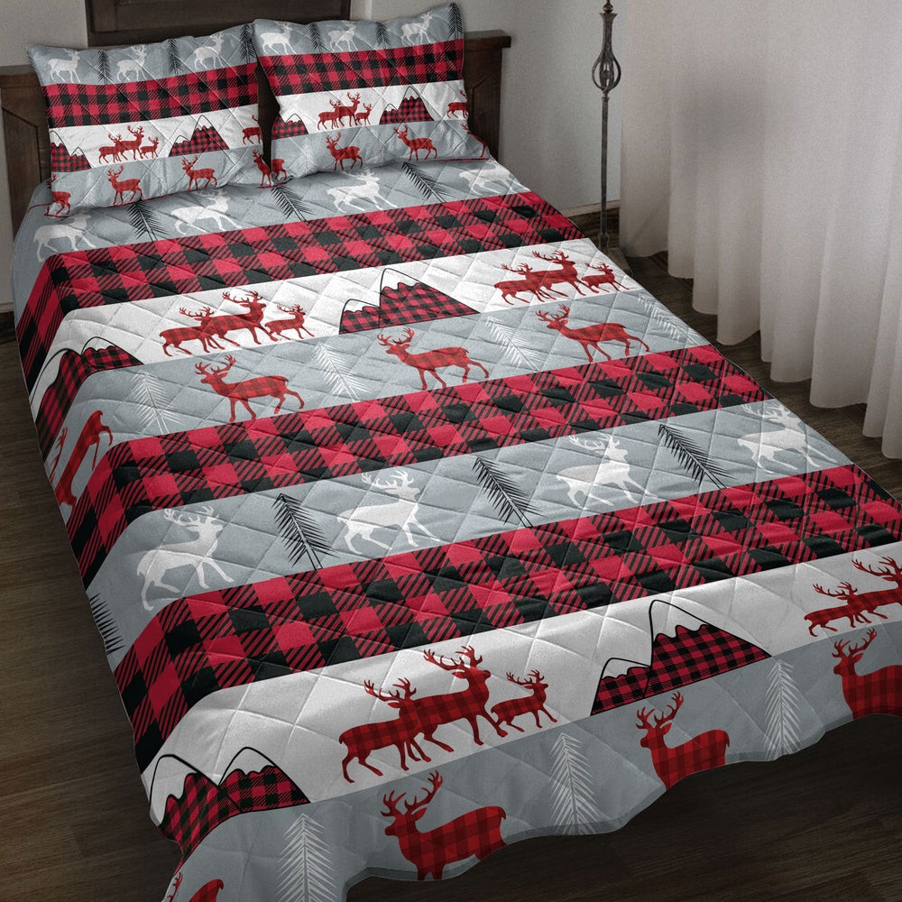 Deer Quilt Set, Christmas Deer Red Buffalo Plaid Winter Holiday Quilt Blanket