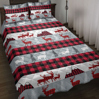 Deer Quilt Set, Christmas Deer Red Buffalo Plaid Winter Holiday Quilt Blanket