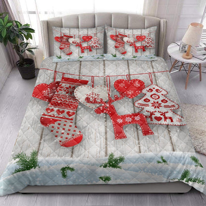 Deer Quilt Set, Christmas Scandinavian Hearts Deer Treesanta Stockingmas Quilt Blanket