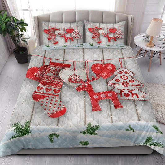 Deer Quilt Set, Christmas Scandinavian Hearts Deer Treesanta Stockingmas Quilt Blanket
