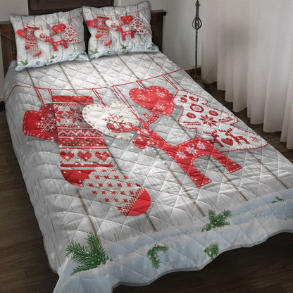 Deer Quilt Set, Christmas Scandinavian Hearts Deer Treesanta Stockingmas Quilt Blanket