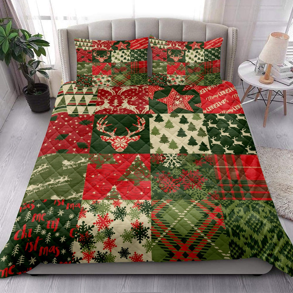 Deer Quilt Set, Christmas Tree Snowflake Santa Cla Us Patchwork Xmas Holiday Quilt Blanket
