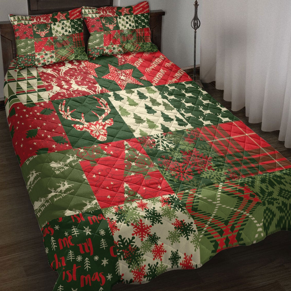 Deer Quilt Set, Christmas Tree Snowflake Santa Cla Us Patchwork Xmas Holiday Quilt Blanket