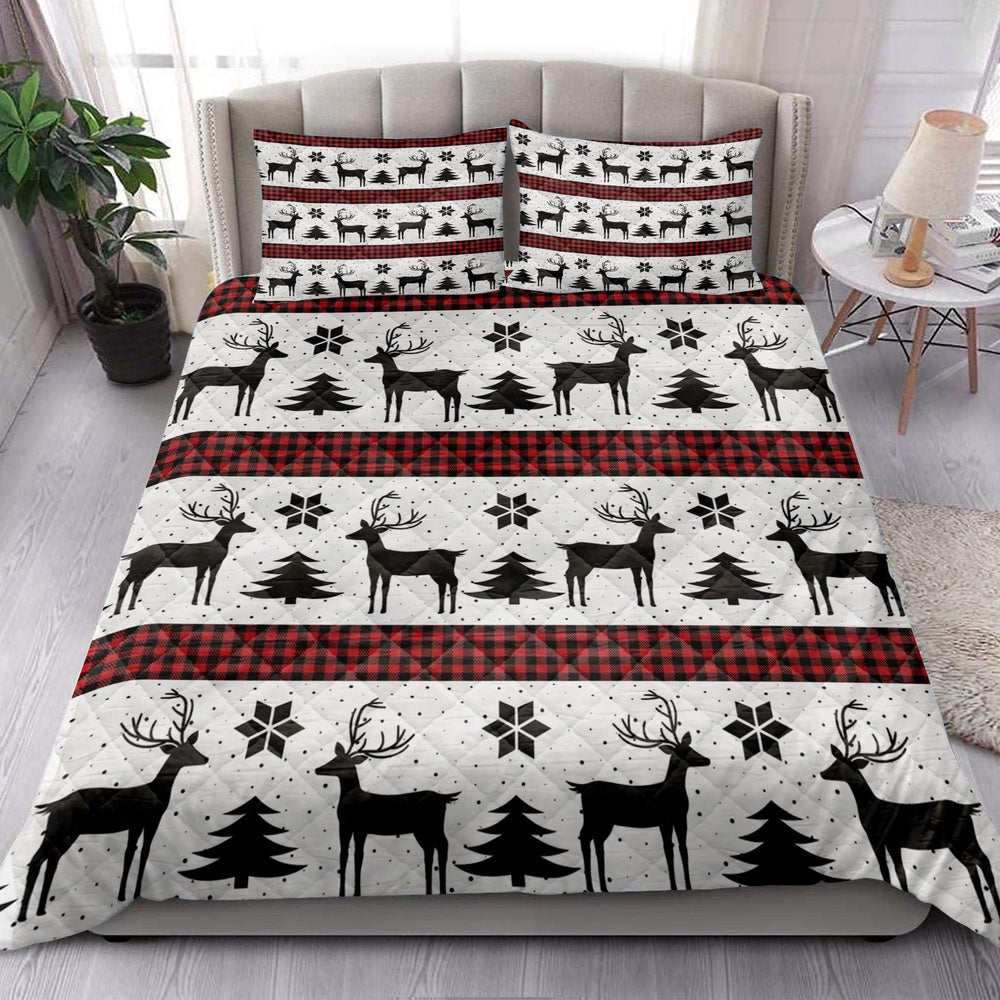 Deer Quilt Set, Deer Andmas Treemas New Year Red Buffalo Plaid Quilt Blanket