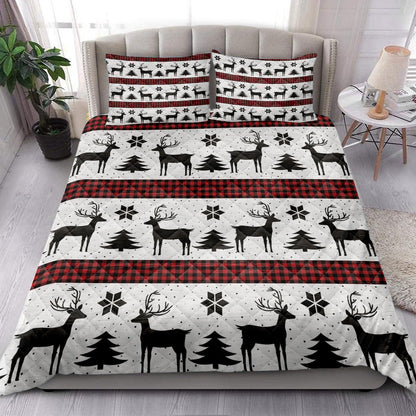 Deer Quilt Set, Deer Andmas Treemas New Year Red Buffalo Plaid Quilt Blanket
