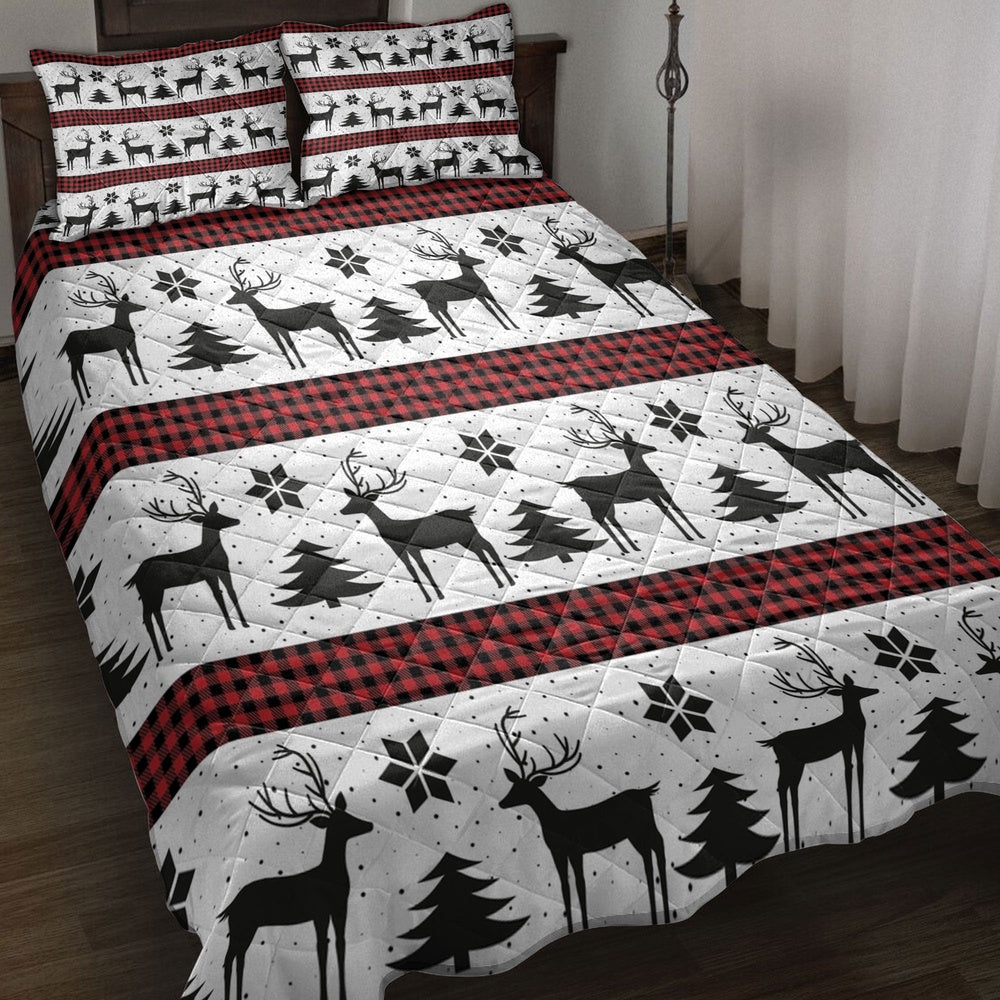 Deer Quilt Set, Deer Andmas Treemas New Year Red Buffalo Plaid Quilt Blanket