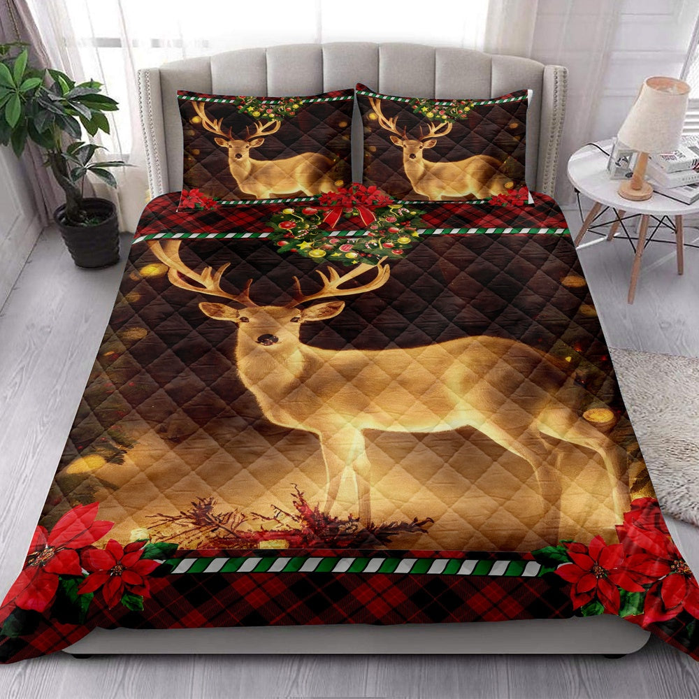 Deer Quilt Set, Lovely Deer Inest With Wreathmass Quilt Blanket
