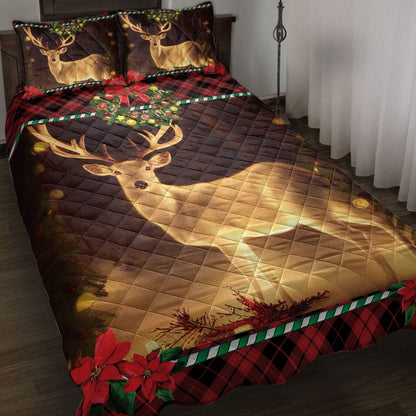 Deer Quilt Set, Lovely Deer Inest With Wreathmass Quilt Blanket
