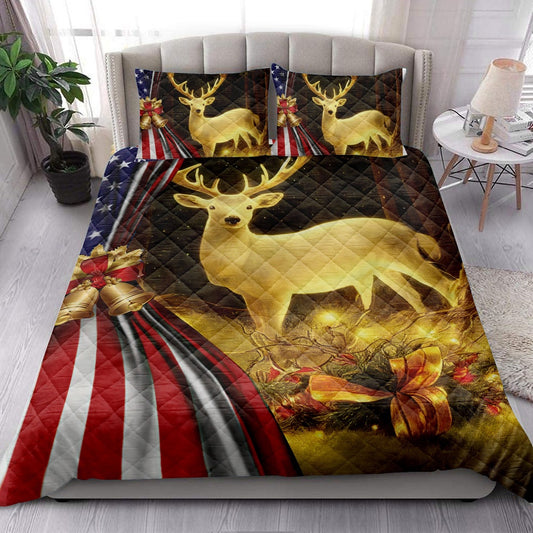 Deer Quilt Set, Lovely Deer Inestmas Bell Us Flagmas Quilt Blanket
