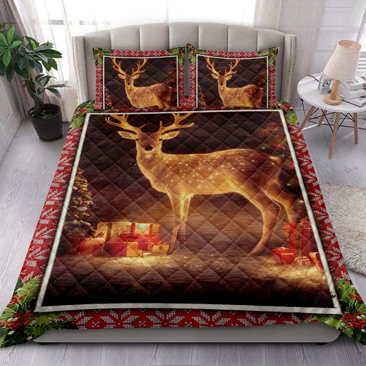Deer Quilt Set, Lovely Deer Withmas Tree And Boxmass Quilt Blanket