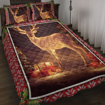 Deer Quilt Set, Lovely Deer Withmas Tree And Boxmass Quilt Blanket