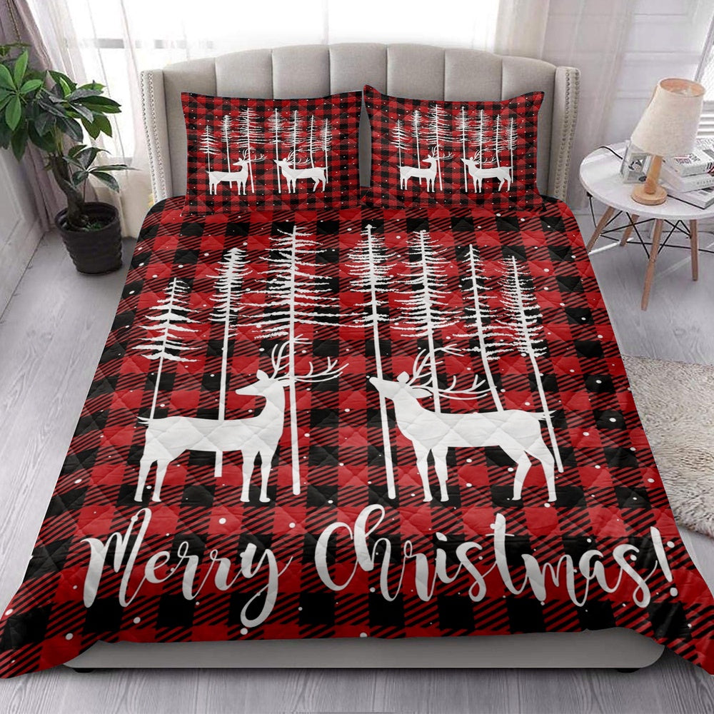 Deer Quilt Set, Merrymas New Yearmas Tree With Deer Red Buffalo Plaid Quilt Blanket
