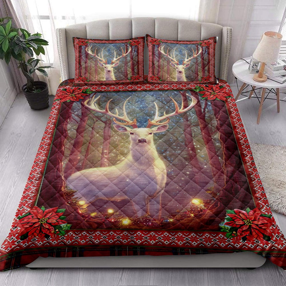 Deer Quilt Set, White Deer Withmas Light And Holy Poinsettiamass Quilt Blanket