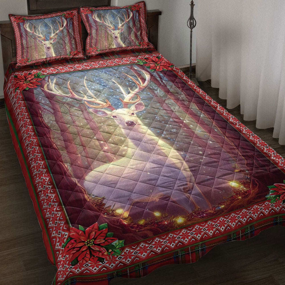Deer Quilt Set, White Deer Withmas Light And Holy Poinsettiamass Quilt Blanket