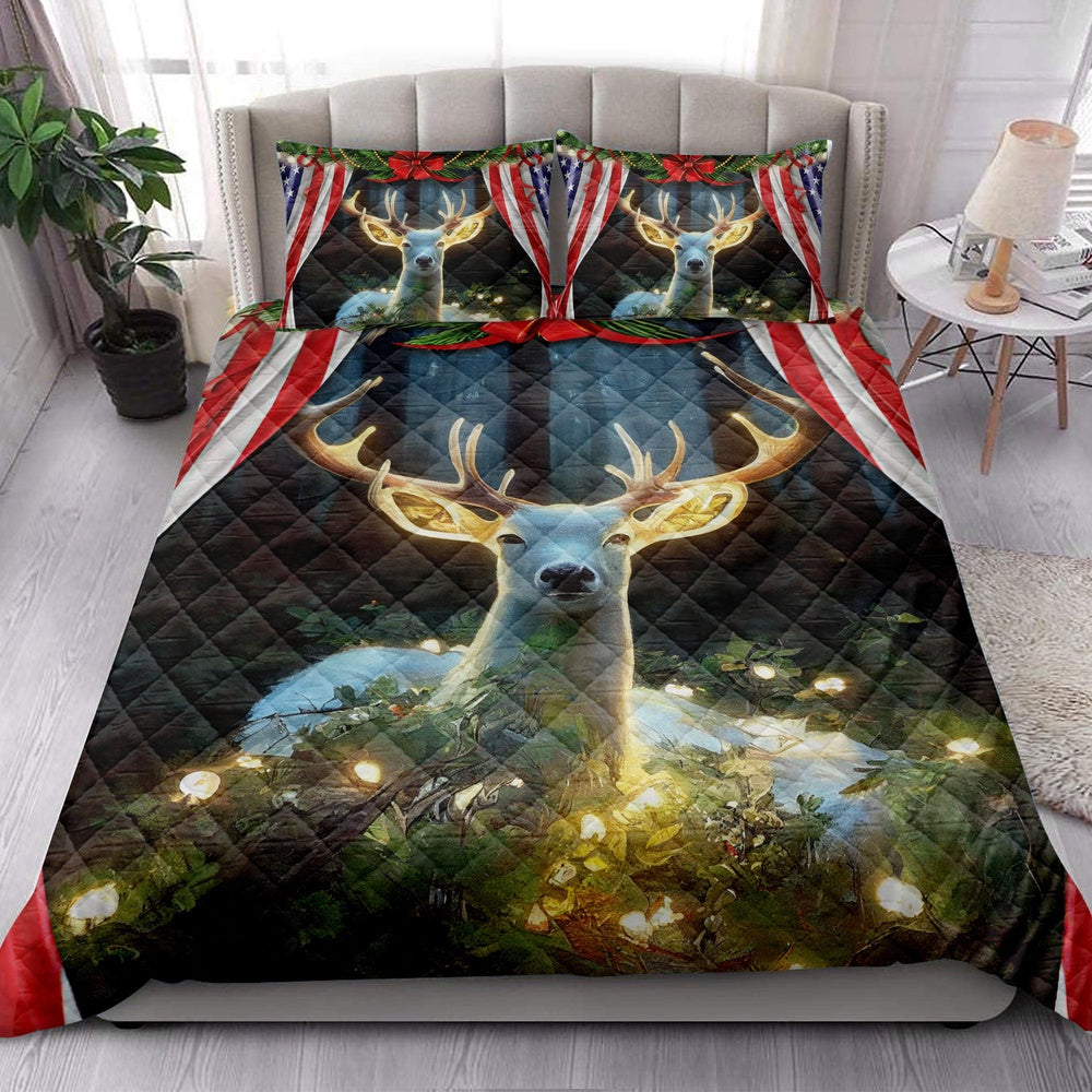 Deer Quilt Set, White Deermas Light Inest Us Flag Quilt Blanket