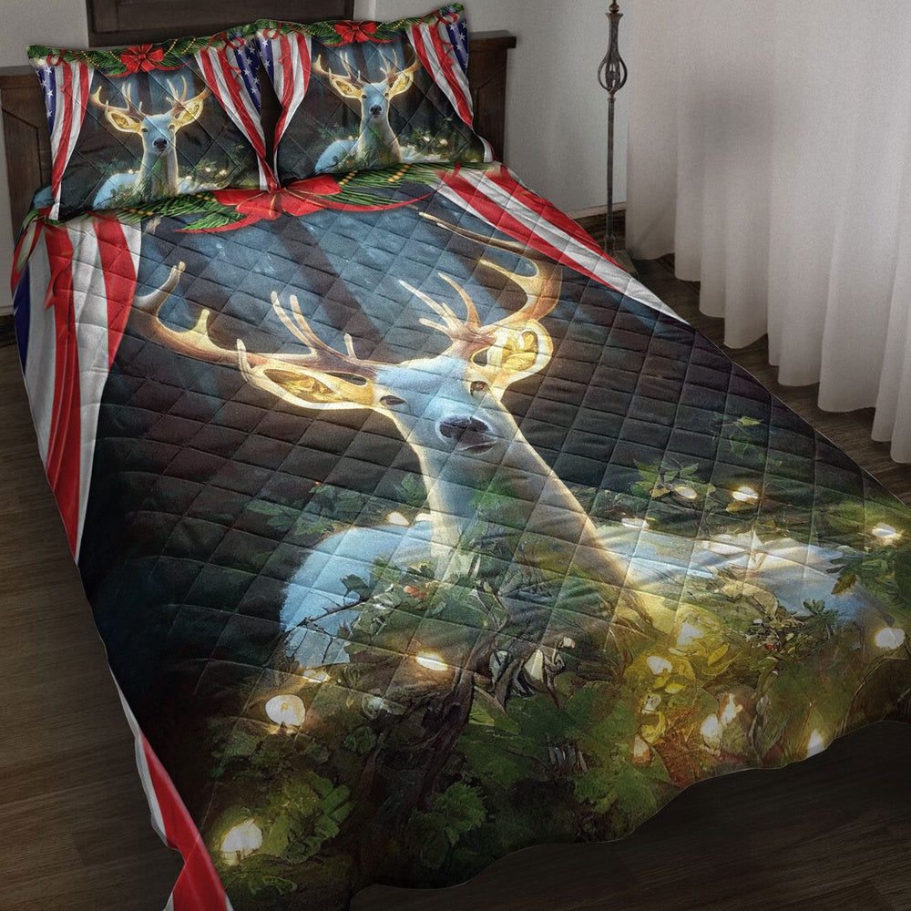 Deer Quilt Set, White Deermas Light Inest Us Flag Quilt Blanket