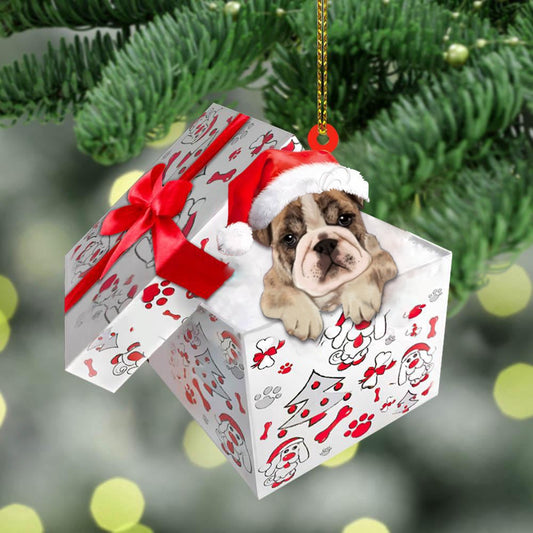 Dog Christmas Ornament, Bulldog In Gift Box Christmas Ornament, Pet Christmas Ornaments