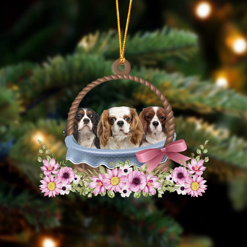 Dog Christmas Ornament, Cavalier King Charles Spaniel Dogs In The Basket Ornament, Pet Christmas Ornaments