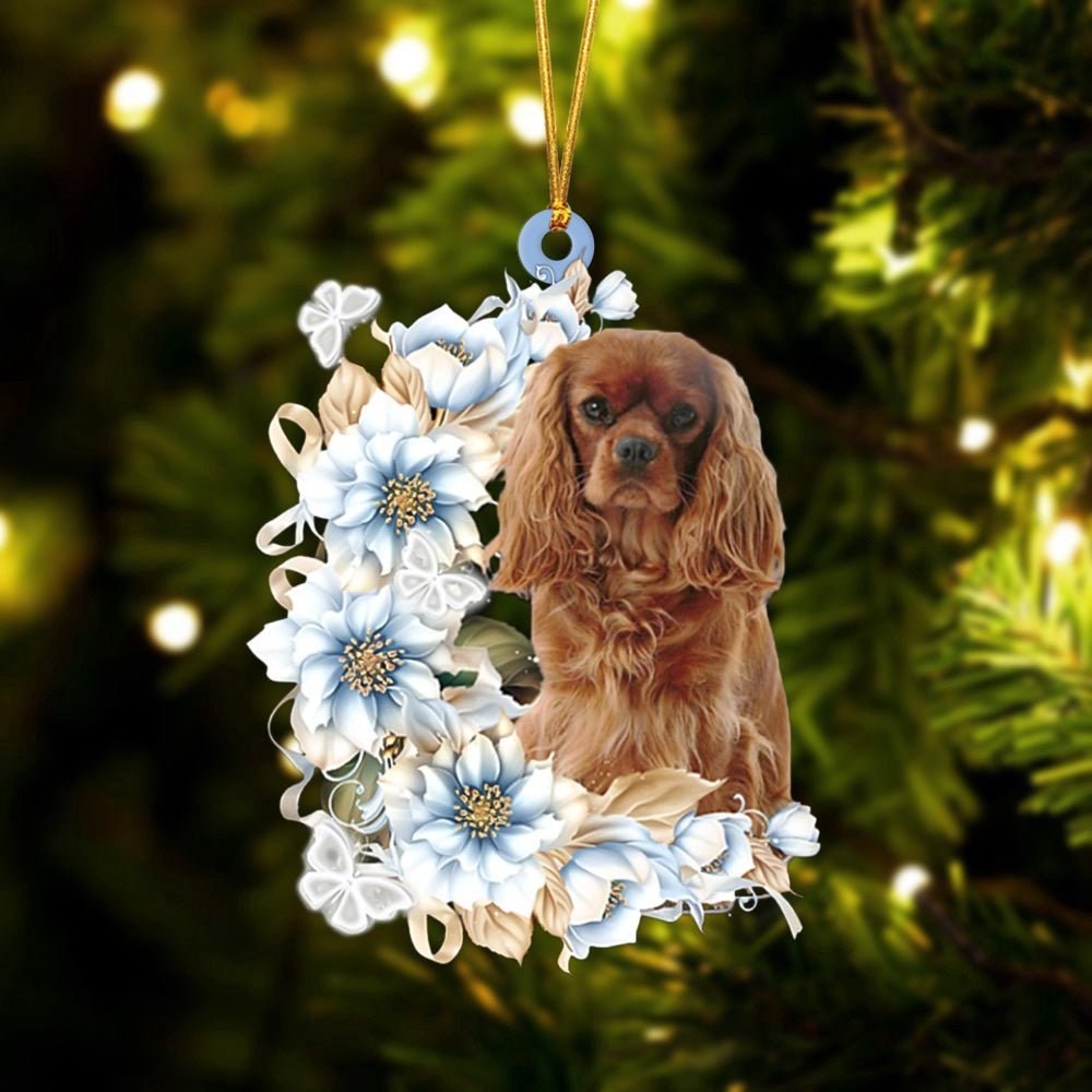 Dog Christmas Ornament, Cavalier King Charles Spaniel Flowers Moon Ornament, Pet Christmas Ornaments