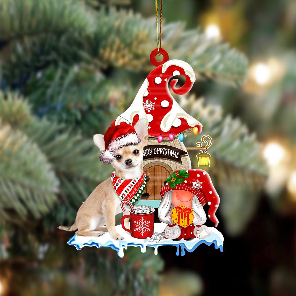 Dog Christmas Ornament, Chihuahua 2 With Mushroom House Christmas Ornament, Pet Christmas Ornaments