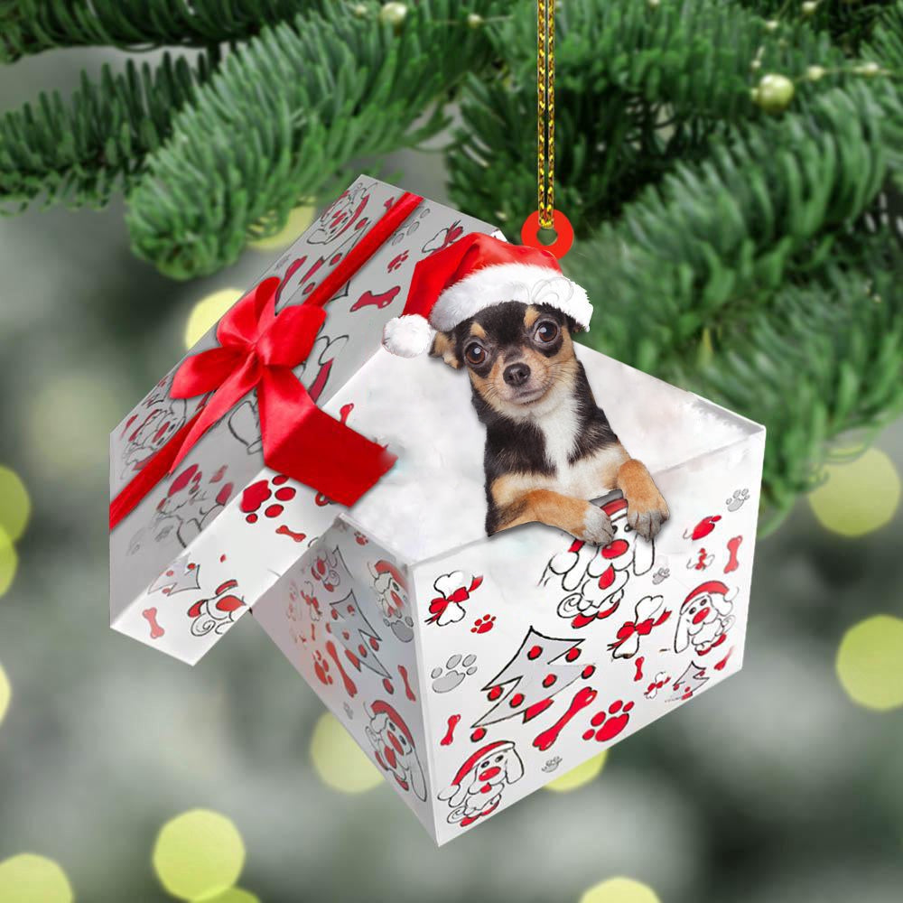Dog Christmas Ornament, Chihuahua In Gift Box Christmas Ornament, Pet Christmas Ornaments