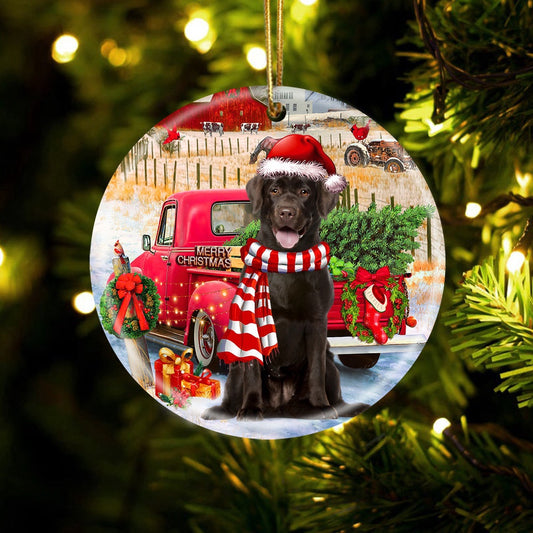 Dog Christmas Ornament, Chocolate Labrador With Red Truck Christmas Ornament, Pet Christmas Ornaments