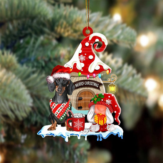 Dog Christmas Ornament, Dachshund 2 With Mushroom House Christmas Ornament, Pet Christmas Ornaments