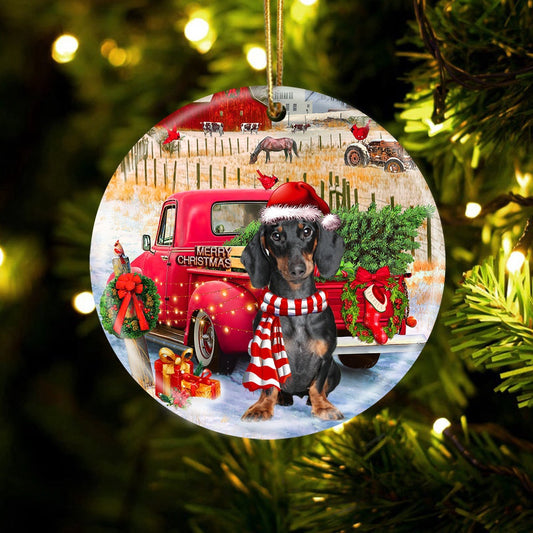 Dog Christmas Ornament, Dachshund 2 With Red Truck Christmas Ornament, Pet Christmas Ornaments