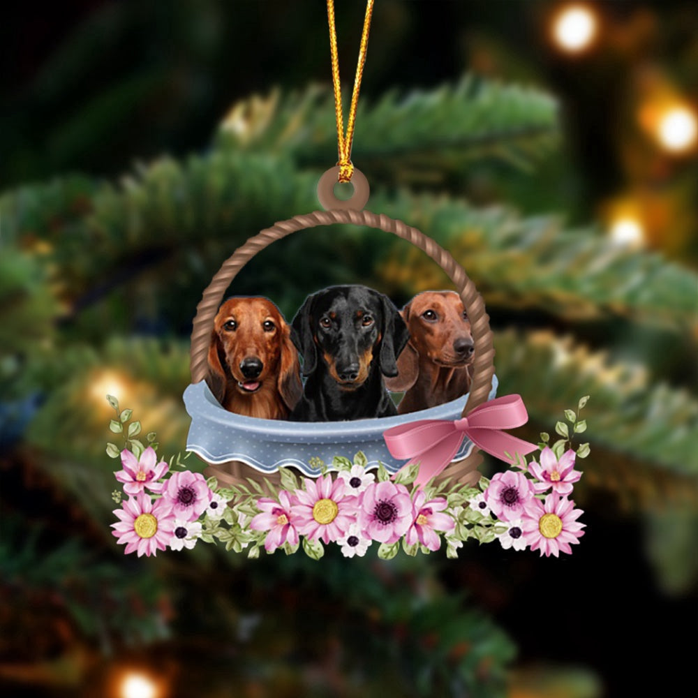 Dog Christmas Ornament, Dachshund Dogs In The Basket Ornament, Pet Christmas Ornaments