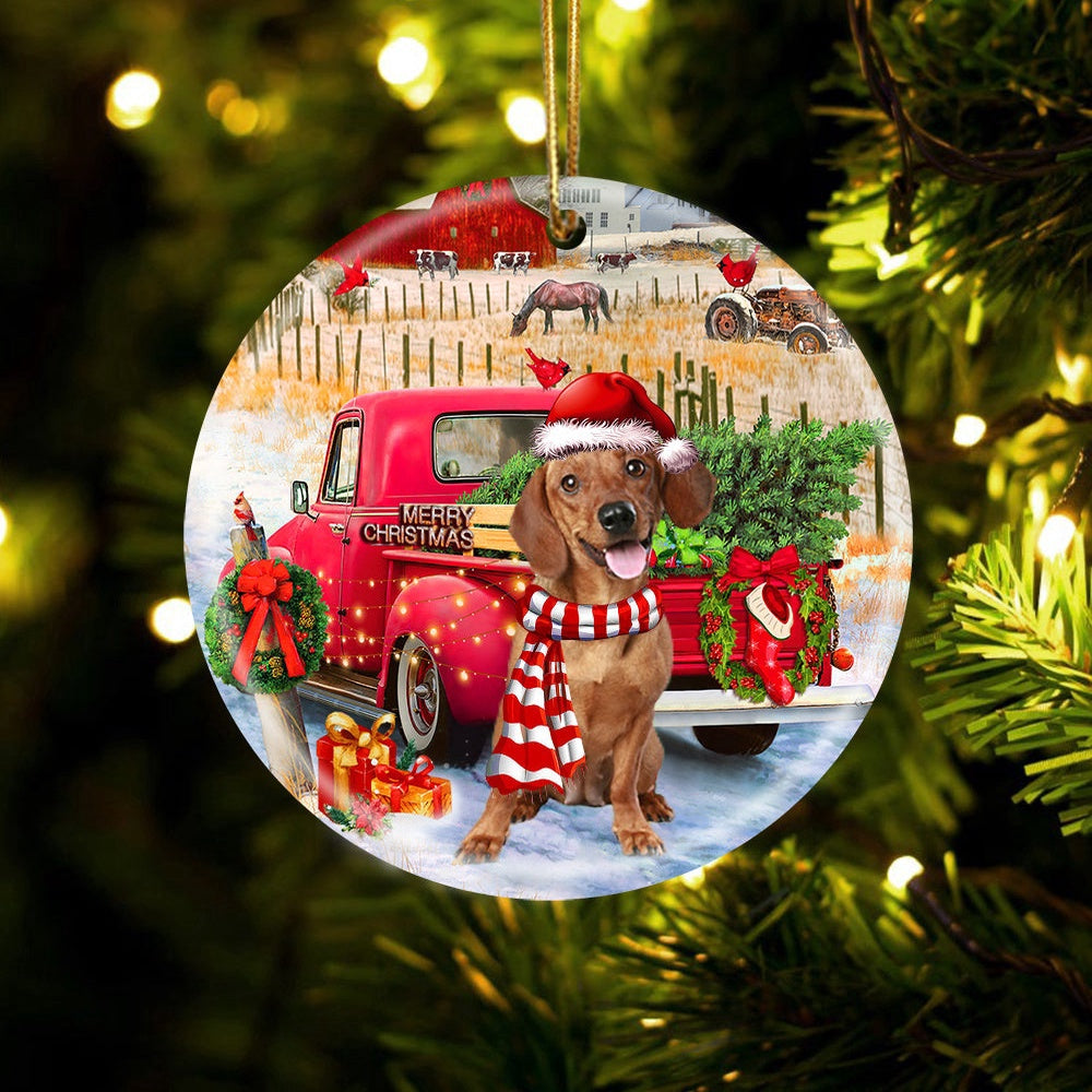 Dog Christmas Ornament, Dachshund With Red Truck Christmas Ornament, Pet Christmas Ornaments