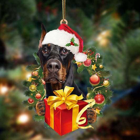 Dog Christmas Ornament, Doberman Dogs Give Gifts Hanging Ornament, Pet Christmas Ornaments