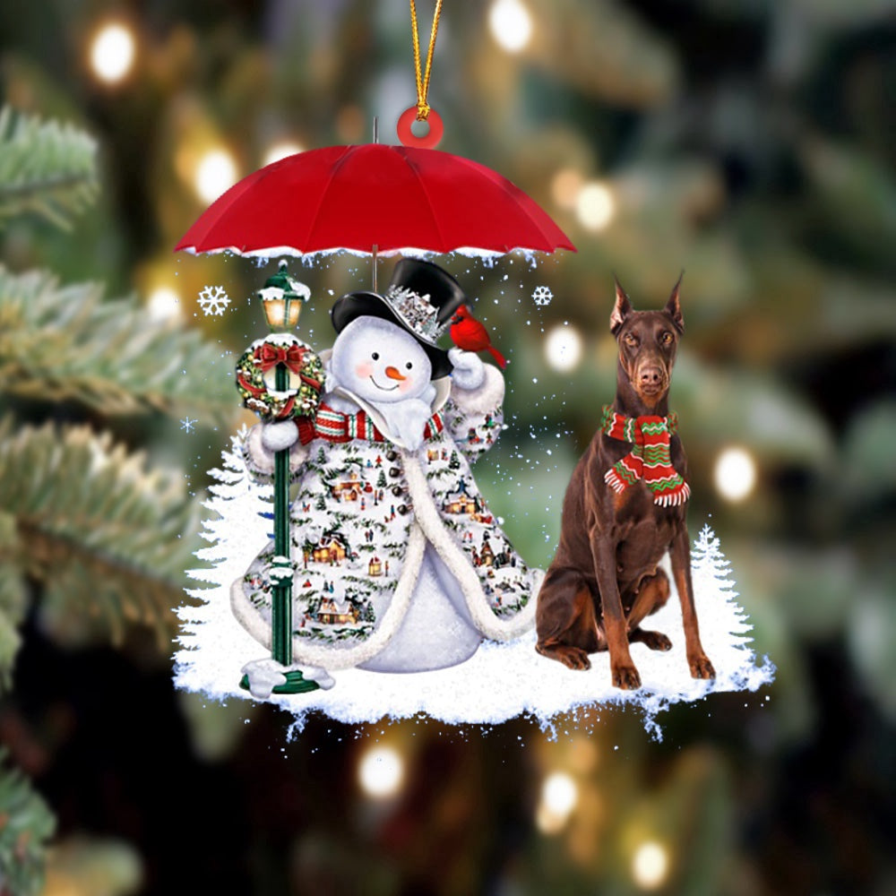 Dog Christmas Ornament, Doberman With Snowman Christmas Ornament, Pet Christmas Ornaments
