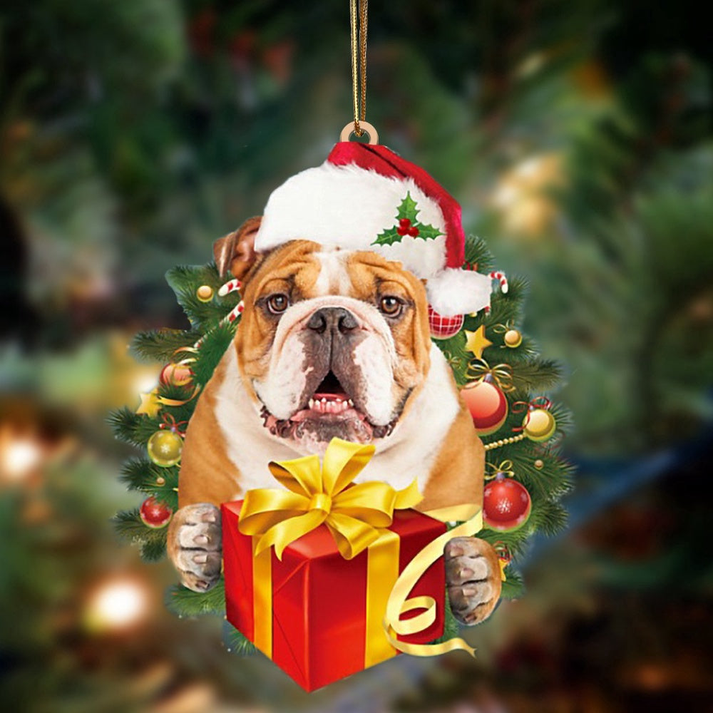 Dog Christmas Ornament, English Bulldog Dogs Give Gifts Hanging Ornament, Pet Christmas Ornaments