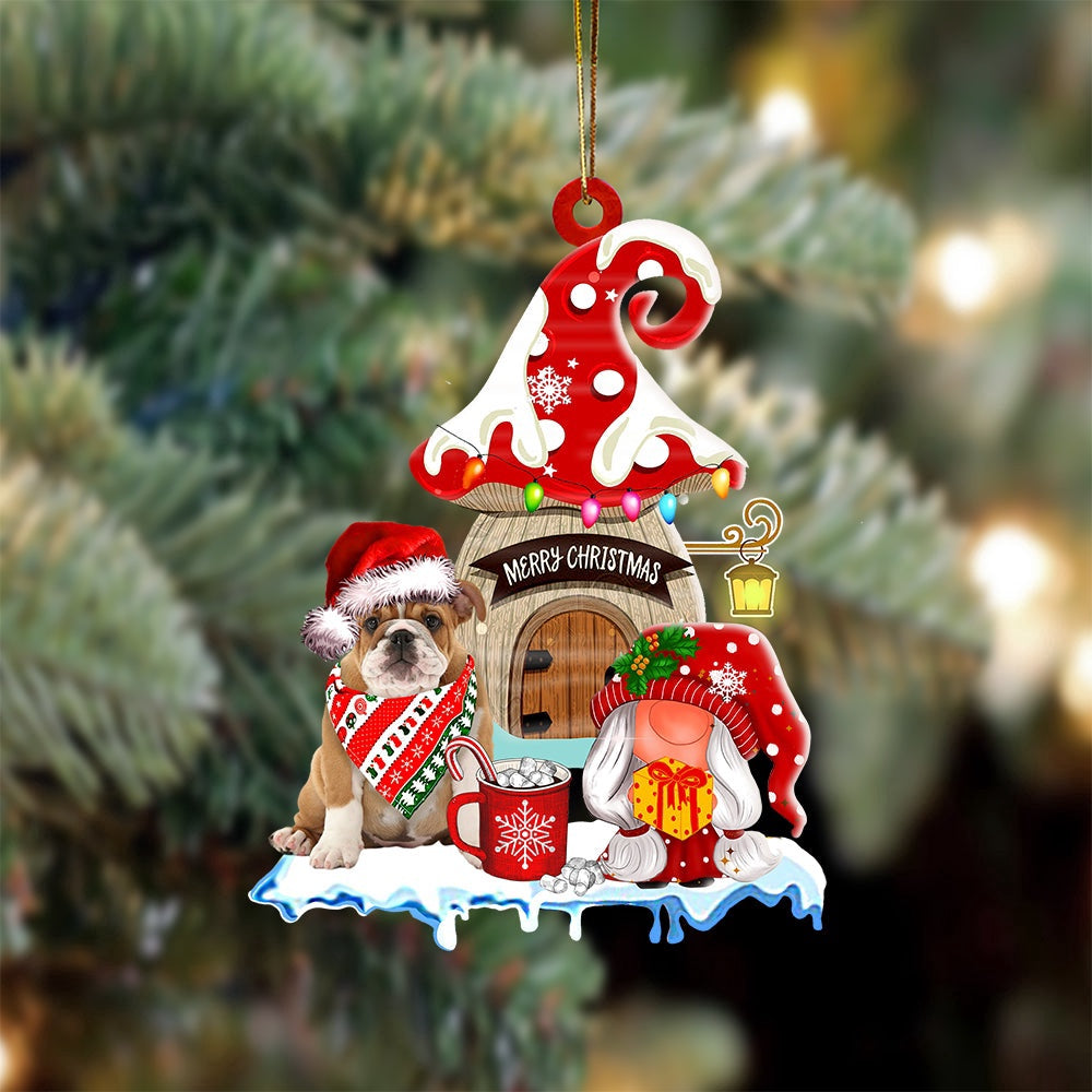 Dog Christmas Ornament, English Bulldog With Mushroom House Christmas Ornament, Pet Christmas Ornaments
