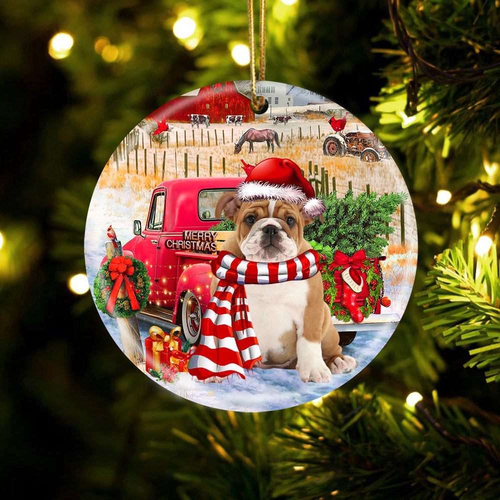 Dog Christmas Ornament, English Bulldog With Red Truck Christmas Ornament, Pet Christmas Ornaments