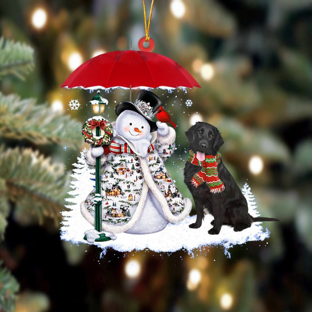 Dog Christmas Ornament, Flat Coated Retriever Black With Snowman Ornament, Pet Christmas Ornaments