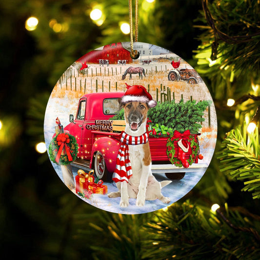 Dog Christmas Ornament, Fox Terrier With Red Truck Christmas Ornament, Pet Christmas Ornaments