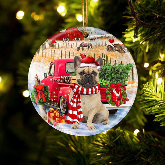 Dog Christmas Ornament, French Bulldog With Red Truck Christmas Ornament, Pet Christmas Ornaments
