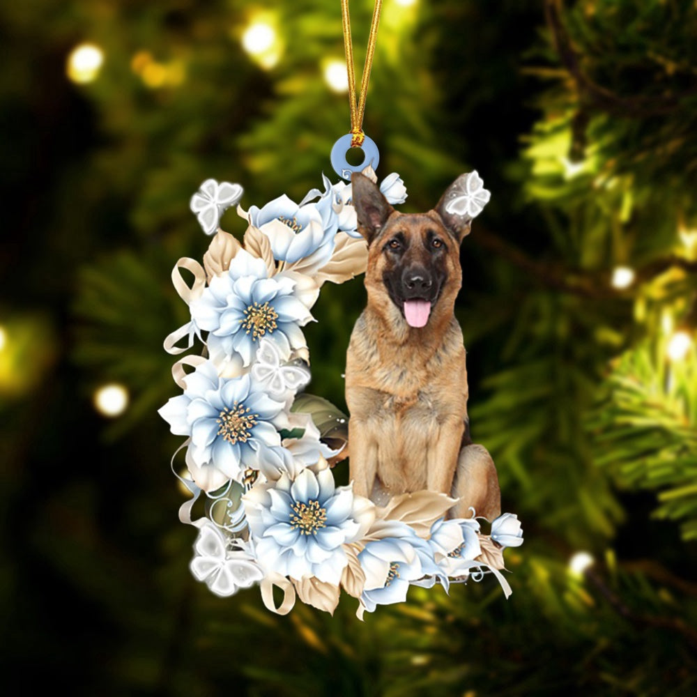 Dog Christmas Ornament, German Shepherd Flowers Moon Ornament, Pet Christmas Ornaments