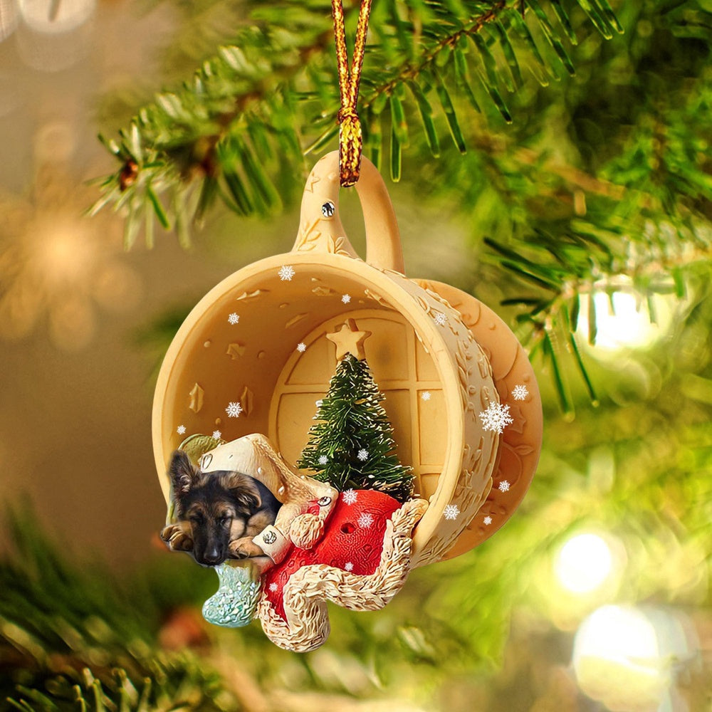 Dog Christmas Ornament, German Shepherd Sleeping In A Cup Christmas Ornament, Pet Christmas Ornaments