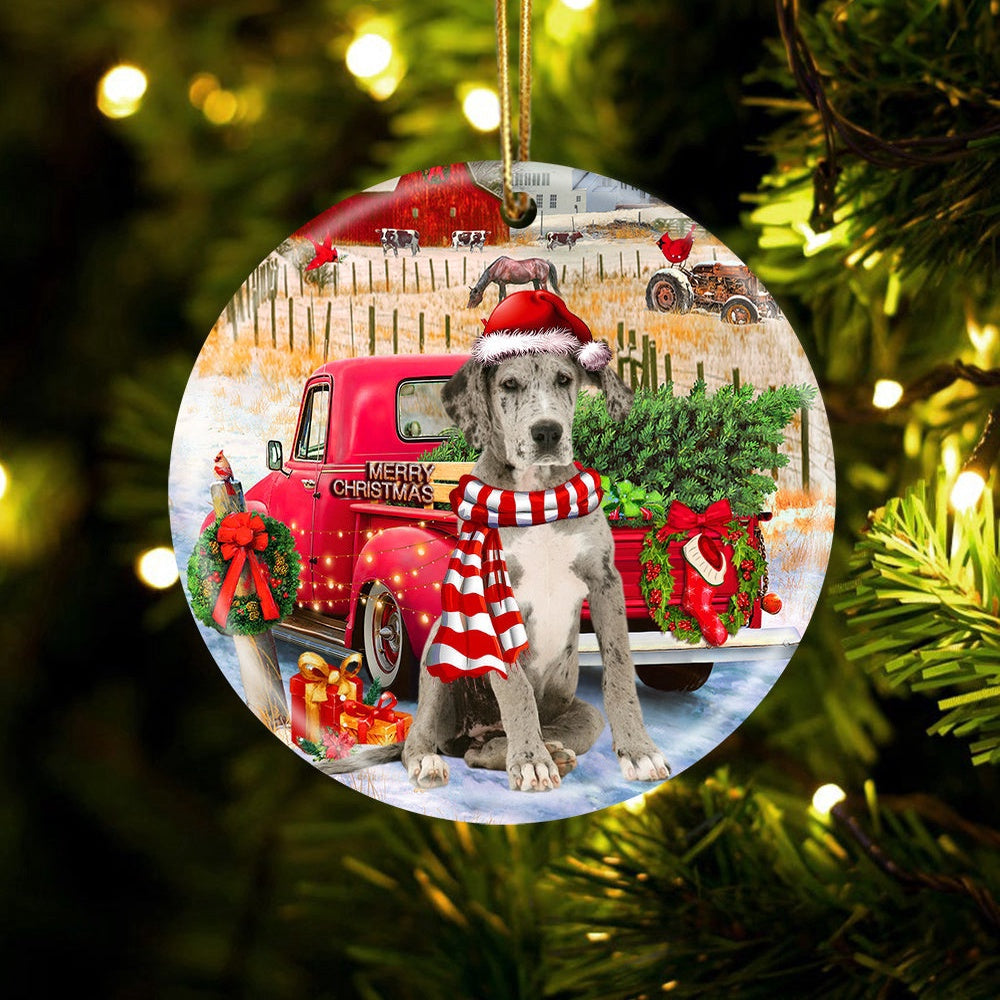 Dog Christmas Ornament, Great Dane With Red Truck Christmas Ornament, Pet Christmas Ornaments