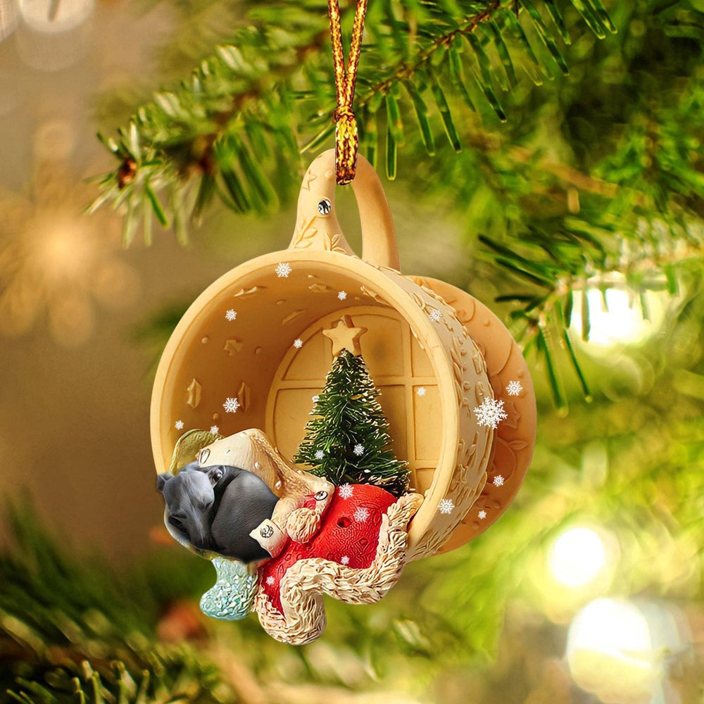 Dog Christmas Ornament, Grey Hound Sleeping In A Cup Christmas Ornament, Pet Christmas Ornaments