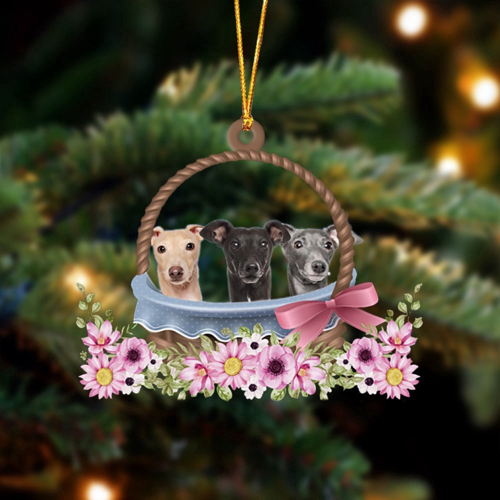 Dog Christmas Ornament, Greyhound Dogs In The Basket Ornament, Pet Christmas Ornaments
