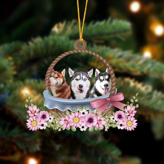 Dog Christmas Ornament, Husky Dogs In The Basket Ornament, Pet Christmas Ornaments