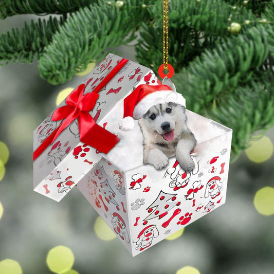 Dog Christmas Ornament, Husky In Gift Box Christmas Ornament, Pet Christmas Ornaments