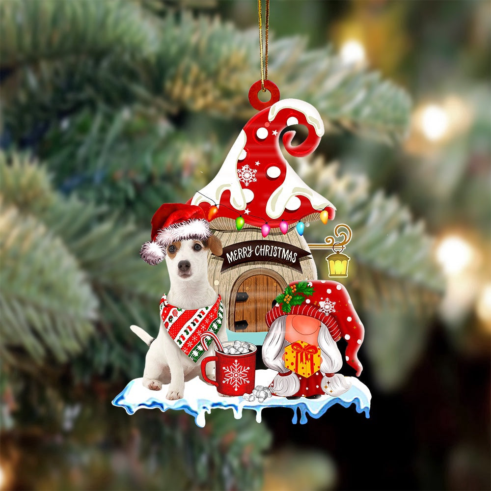 Dog Christmas Ornament, Jack Russell Terrier 2 With Mushroom House Christmas Ornament, Pet Christmas Ornaments