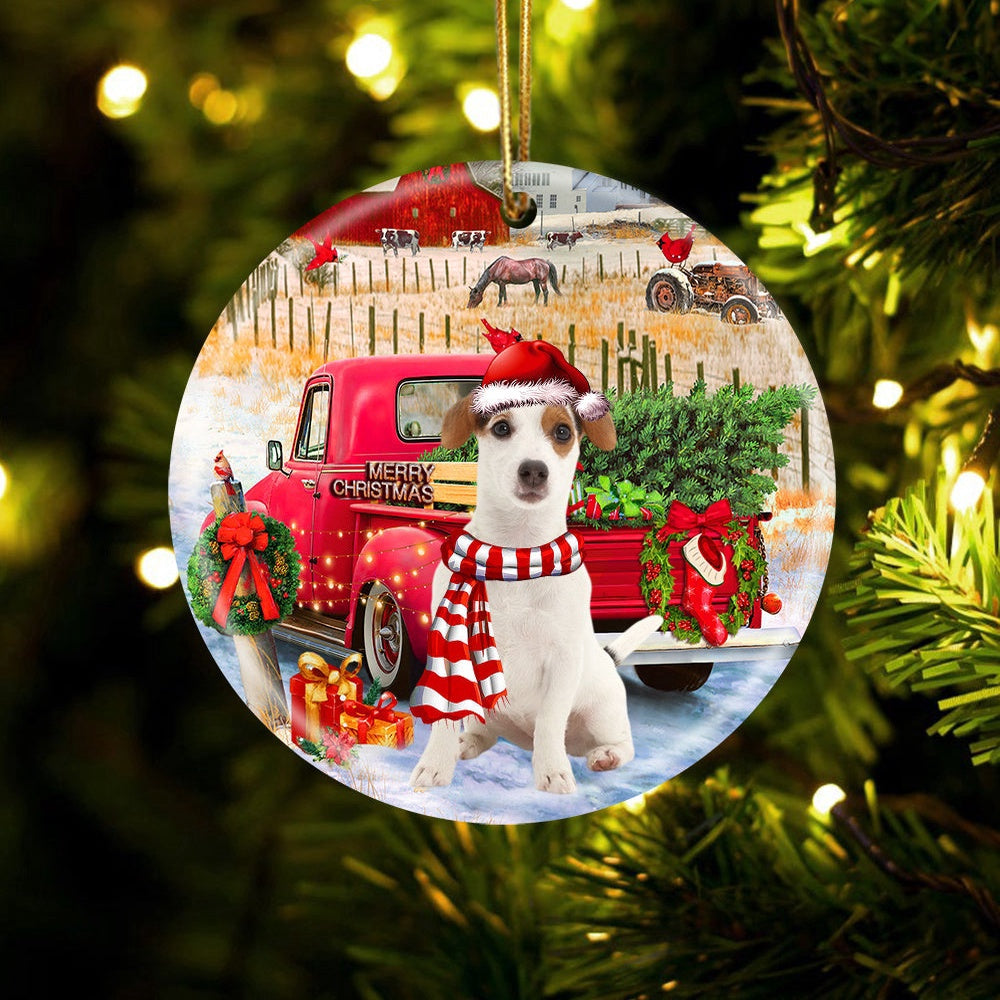 Dog Christmas Ornament, Jack Russell Terrier 2 With Red Truck Christmas Ornament, Pet Christmas Ornaments